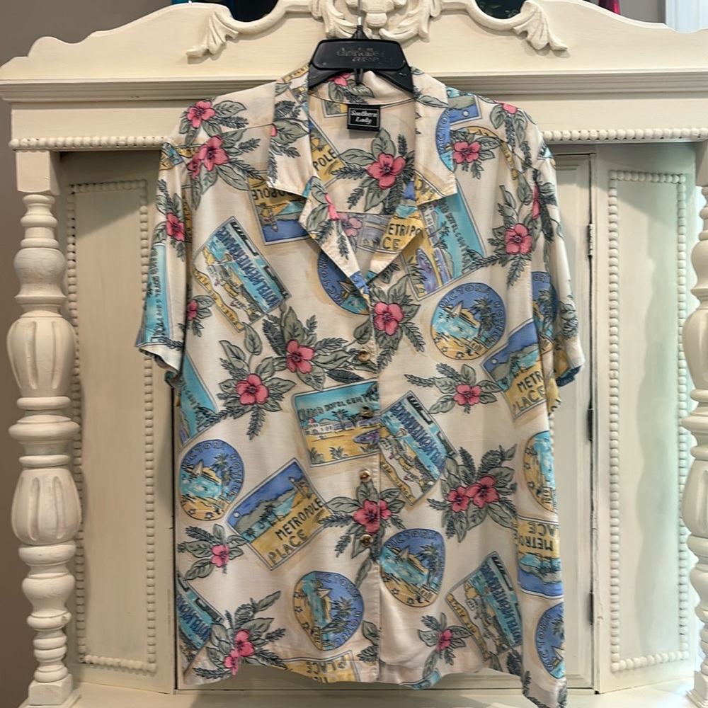 Southern Lady Vintage Tropical Print Button Down Shirt size